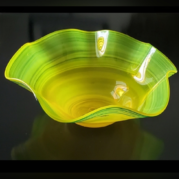 Huge Blenko 17" Handmade Yellow & Blue Art Glass Bowl - Picture 7 of 13